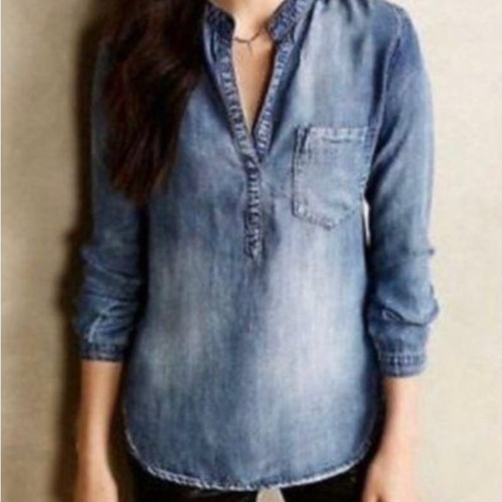 Comptoir Des Cotonniers Denim Button Front Blouse - Picture 1 of 6